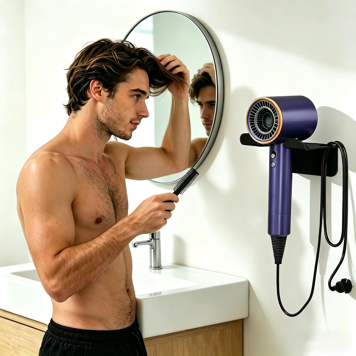 YIGII Hair Dryer Holder Wall Mounted Self Adhesive No Drill with Cord Organizer, Stainless Steel Storage for Bathroom Vanity Cabinet