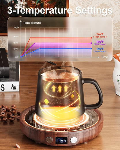 SWEETFULL Mug Warmer for Desk, Coffee Cup Warmer with Timer - Wood | 36W Fast Heating, 3-Temp Setting, Digital Display, 2-12H Timer, Smart Electric Coffee Candle Plate, Ideal Gifts for Women Men