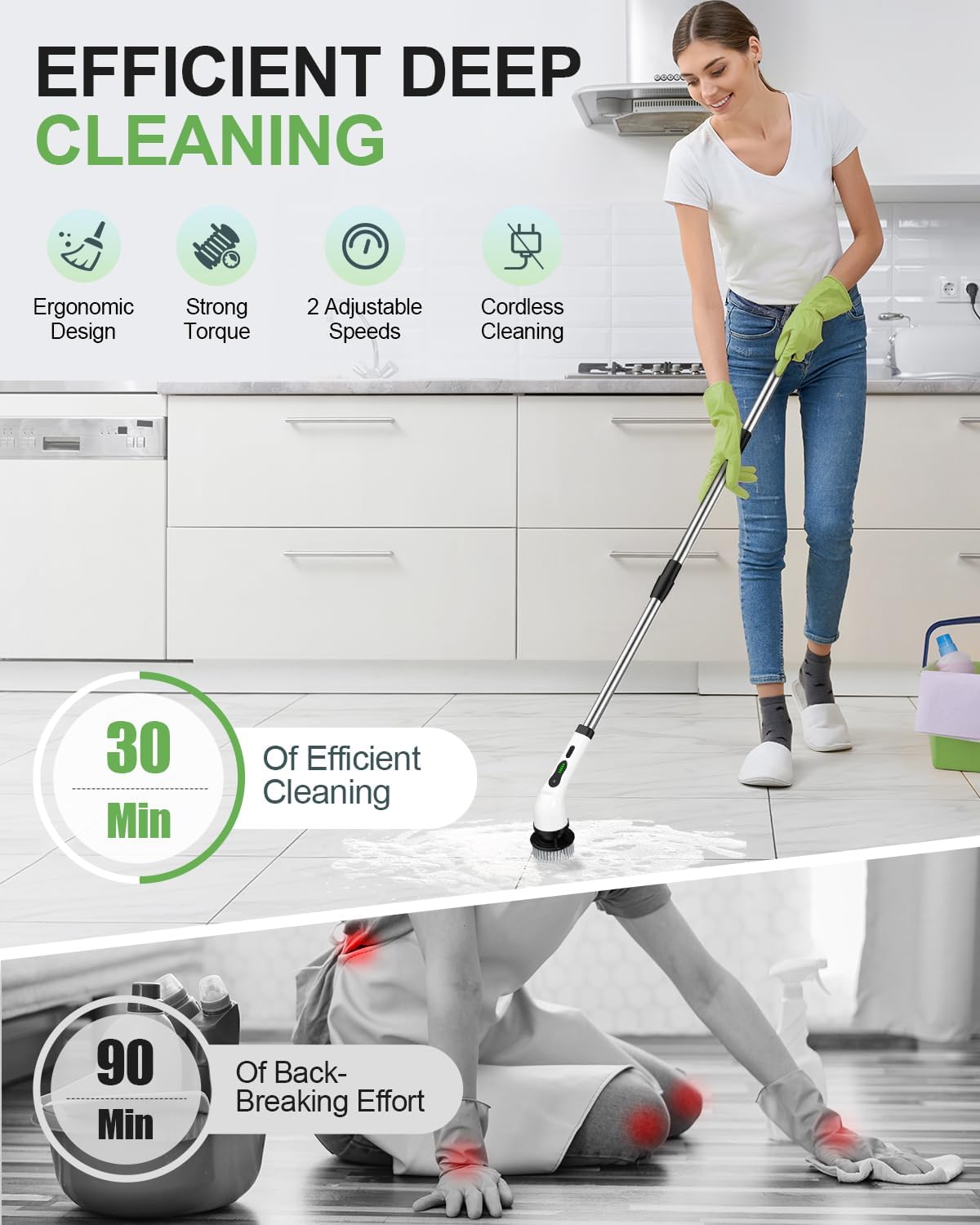 Cordless Electric Spin Scrubber, 8-in-1 Bathroom Cleaner | Bathroom scrubber, LED display, dual speeds, IPX7 waterproof, interchangeable heads for grout, tub, shower, wet-dry vacuum
