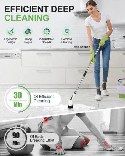 Cordless Electric Spin Scrubber, 8-in-1 Bathroom Cleaner | Bathroom scrubber, LED display, dual speeds, IPX7 waterproof, interchangeable heads for grout, tub, shower, wet-dry vacuum