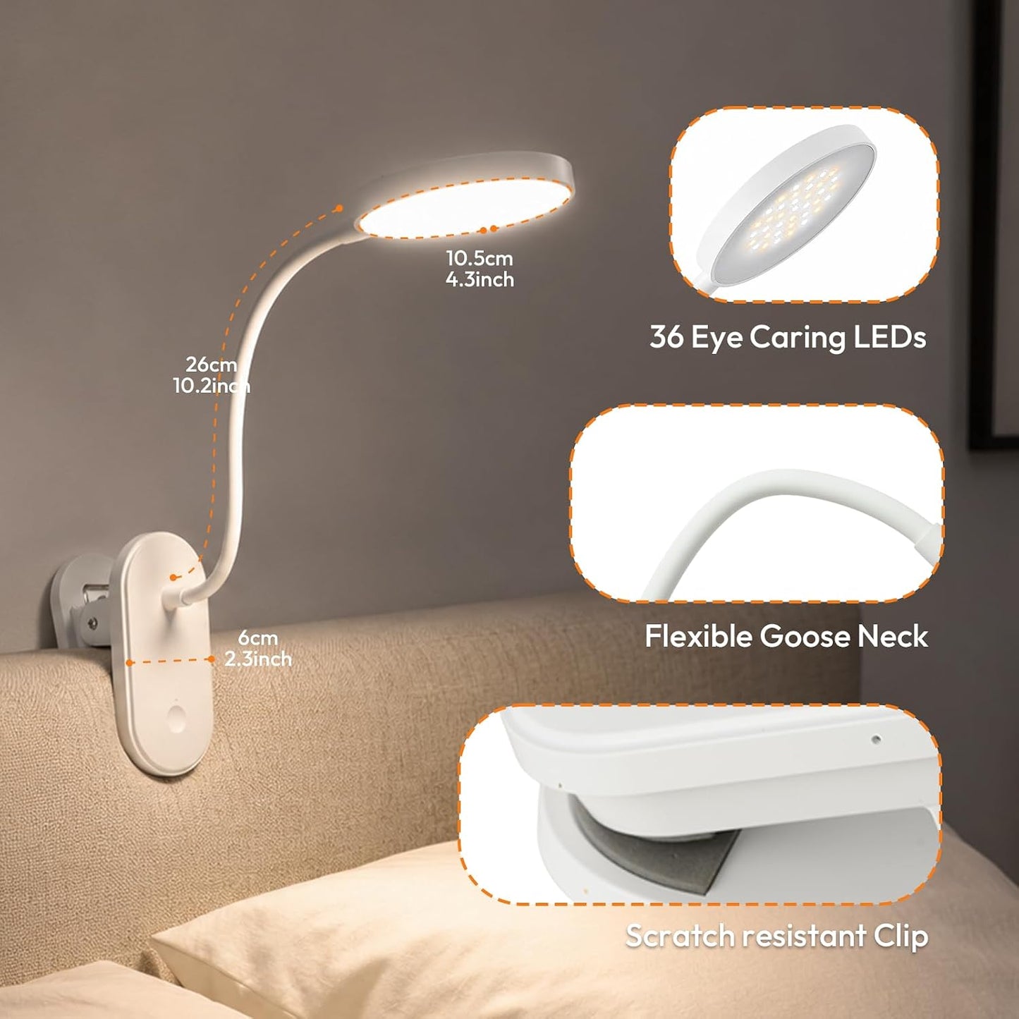 Clip on Light, Stepless Dimmable & 3 Colors Touch Control Clip On Bed Light. 2600mAh Rechargeable Reading Lights for Books in Bed, Headboard and Bedside Table Lamp, Reading Light For Dorm/Home