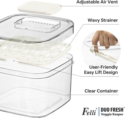 Felli Duo Fresh Produce Saver for Fridge, Fruit Vegetable Container with Vent & Drainage in Bottom for Wash, Colander Strainer Storage Bin for Refrigerator, Berry Lettuce Keeper