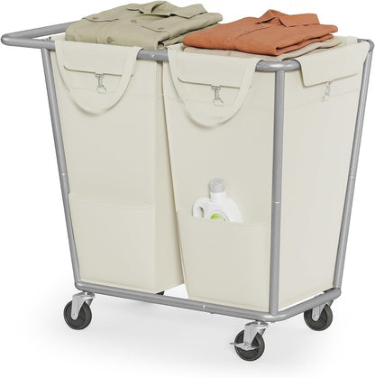 SONGMICS Laundry Basket with Wheels, 3-Section Laundry Sorter, 76.6 Gallons (290 L) Rolling Hamper with Removable Bags, Heavy-Duty Steel Frame, Cream White, Dark Gray and Ink Black URLS010X01