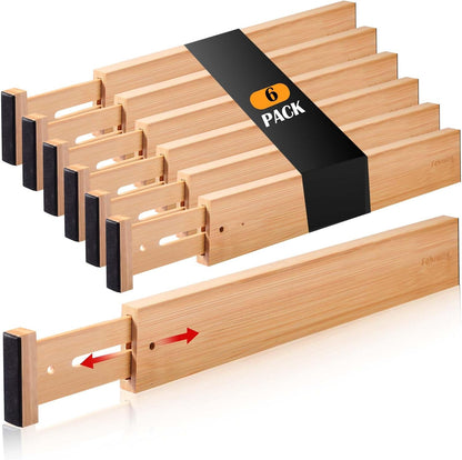 Fabsome Drawer Divider 6 Pack, Bamboo Dresser Organizers for Clothes Socks Underwear Baby Clothing, Wooden Separators for Nursery Organization Adjustable from 12.5'' to 17'' with Soft Foam Ends