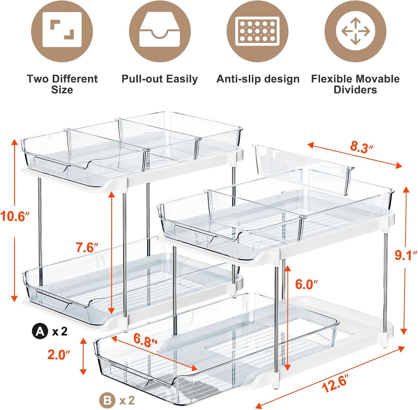Delamu 2-Tier Multi-Purpose Bathroom Under Sink Organizers and Storage, Stackable Kitchen Pantry Organization, Pull Out Medicine Cabinet Organizer with Movable Dividers, White, 2 Pack
