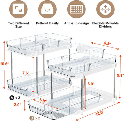 Delamu 2-Tier Multi-Purpose Bathroom Under Sink Organizers and Storage, Stackable Kitchen Pantry Organization, Pull Out Medicine Cabinet Organizer with Movable Dividers, White, 2 Pack