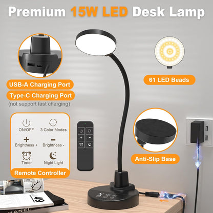 15W LED Desk Lamp with USB Charging Ports – Dimmable Table Lamp with 3 Color Temps, 5 Brightness, 4 Timers, Flexible Gooseneck Light with Base, Eye-Caring Reading Light for Home Office, Bedroom, Study