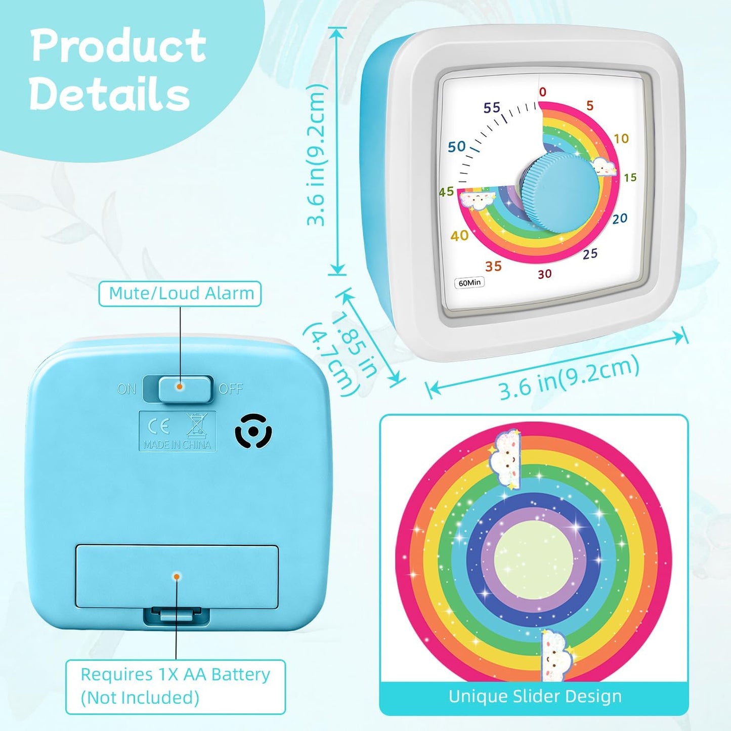 Visual Timer for Kids 60 Minute Countdown Clock – Silent Cube Timer with Rainbow Cloud Design, Plastic Kids Visual Timer, Toddler Timers for Classroom Home Kitchen Study Tools, Green