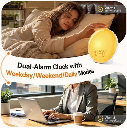 JALL Full-Screen Wake Up Light Sunrise Alarm Clocks for Bedrooms, White Noise Machine for Heavy Sleepers, 25 Natural Sounds, Dual Alarms, FM Radio, 17 Dimmable Colors, Bluetooth Speaker