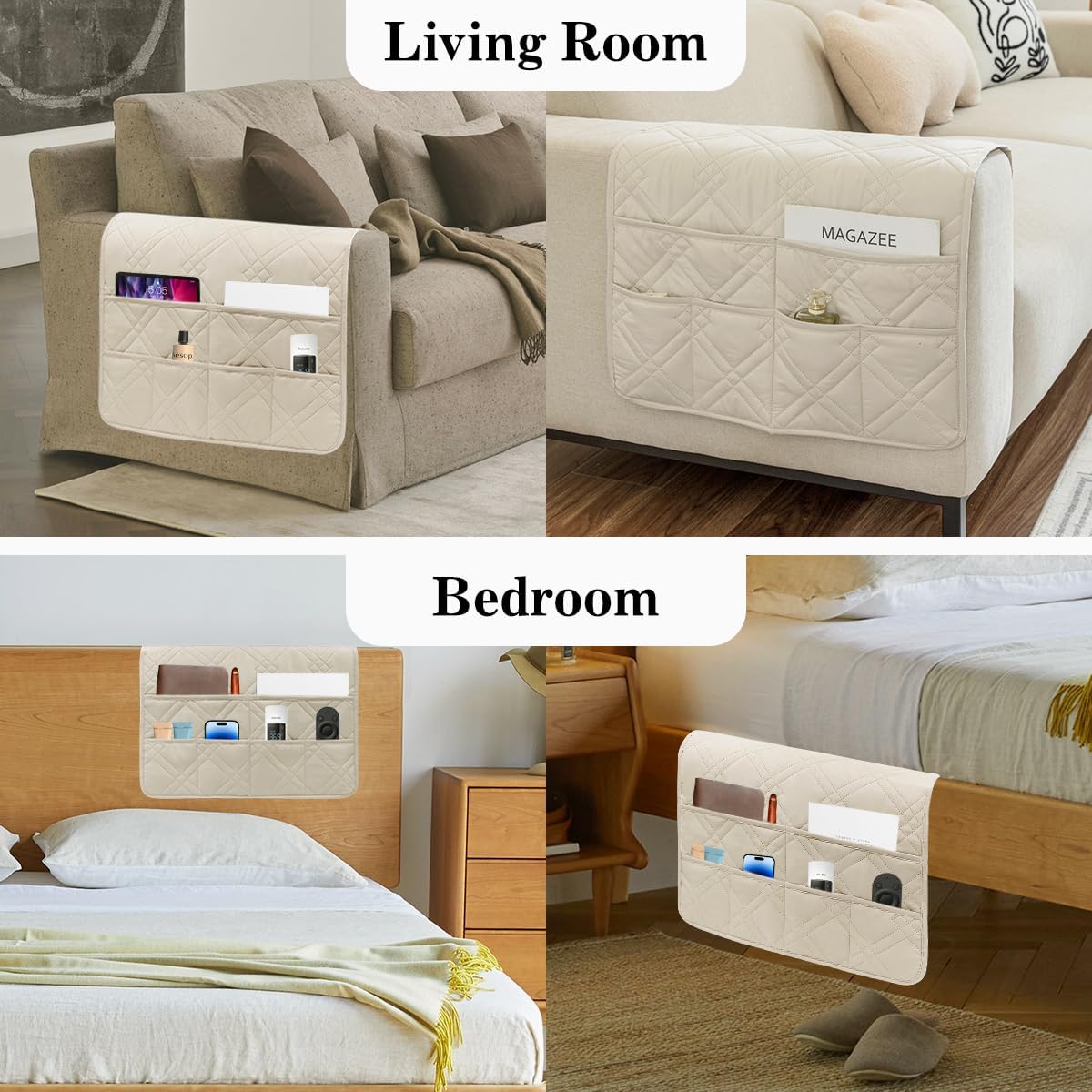 Couch Armrest Organizer Remote Control Holder Bedside Caddy with 6 Pockets, Non-Slip Armchair Caddy Sofa Armrest Organizer for Tv Remote Control, Magazine, Cell Phone, Beige