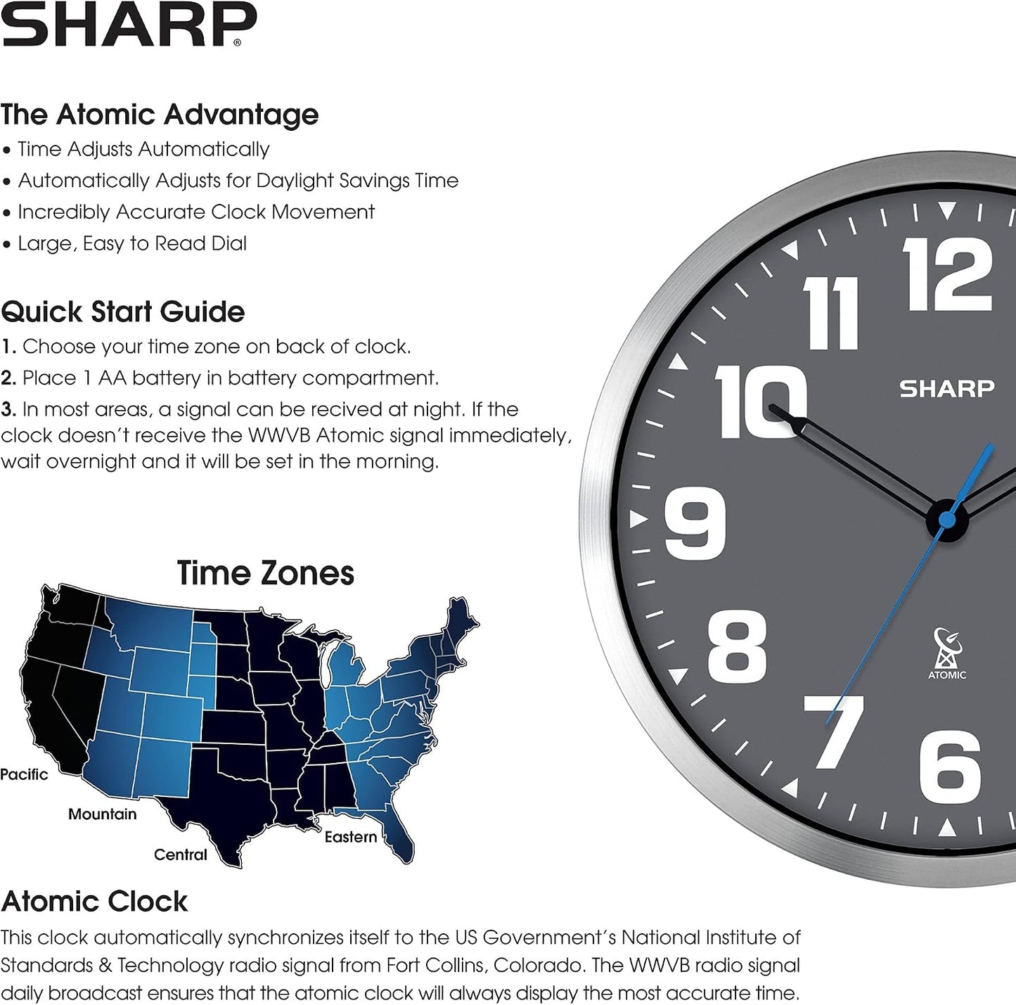 Sharp 12-Inch Atomic Wall Clock, Battery Operated, White with Black Frame | Self-setting atomic time; Easy-read analog face; Automatic time adjustment; Simple setup; Versatile home or office style