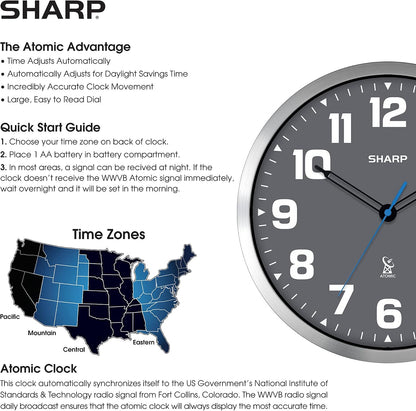 Sharp 12-Inch Atomic Wall Clock, Battery Operated, White with Black Frame | Self-setting atomic time; Easy-read analog face; Automatic time adjustment; Simple setup; Versatile home or office style