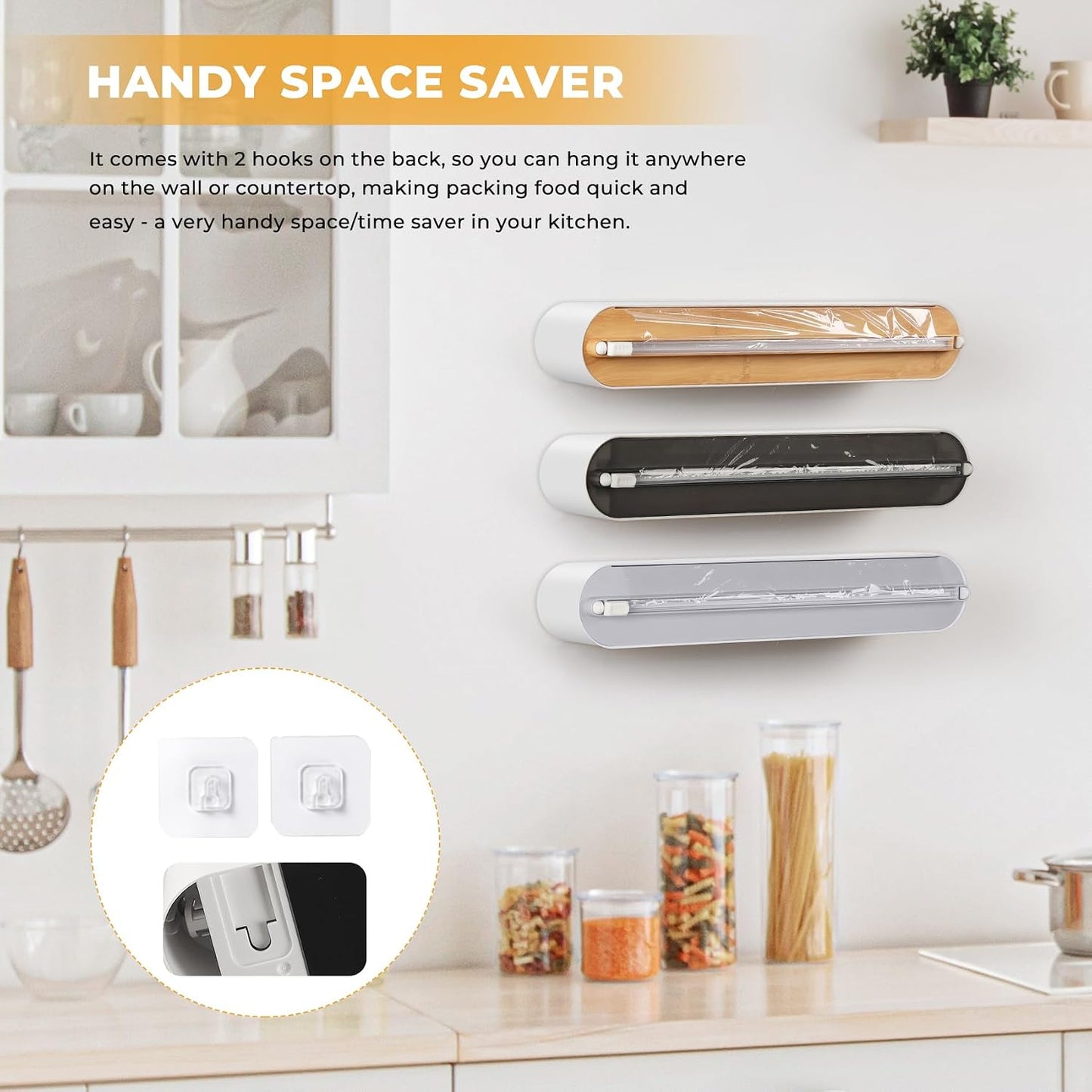 Aluminum Foil & Plastic Wrap Dispenser with Slide Cutter - Magnetic & No-Drill Wall Mount, Cling Film Dispenser for Worktops & Cabinets, Space-Saving Kitchen Organizer - Fits 12" Rolls, White
