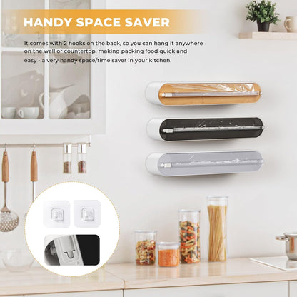 Aluminum Foil & Plastic Wrap Dispenser with Slide Cutter - Magnetic & No-Drill Wall Mount, Cling Film Dispenser for Worktops & Cabinets, Space-Saving Kitchen Organizer - Fits 12" Rolls, White