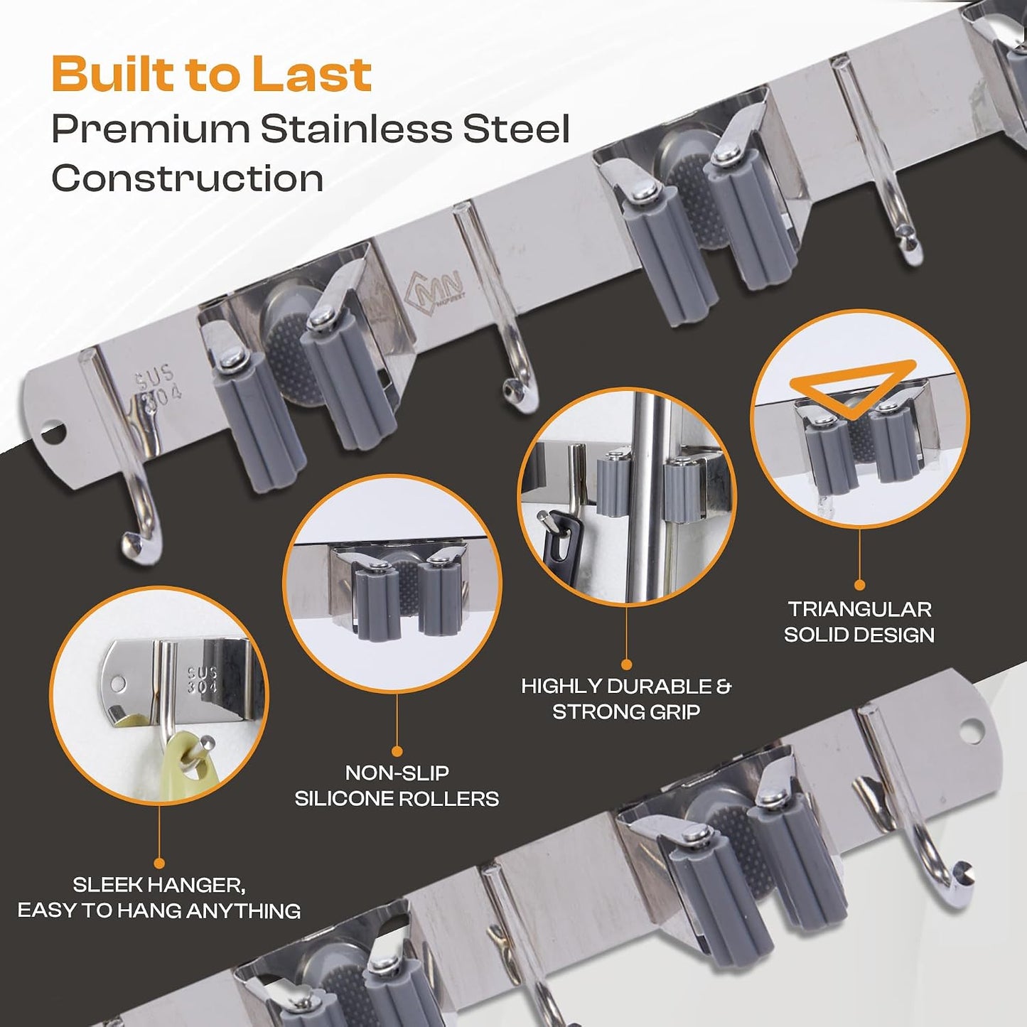 Stainless Steel Broom Holder Wall Mount, 3 Racks & 4 Hooks | Waterproof organizer for mops, brooms, tools and garden equipment, adjustable wall storage, black