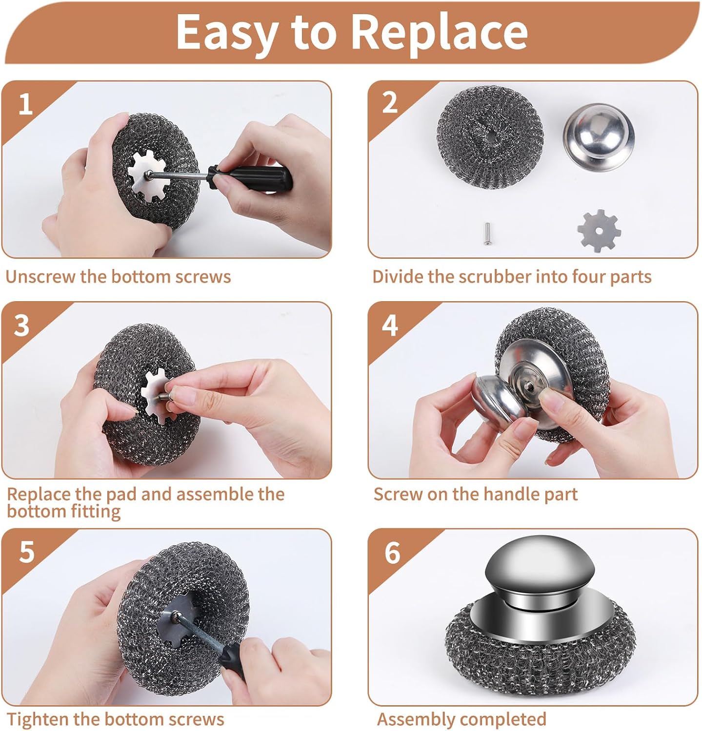 6PCS Steel Wool Scrubber Sponge Set, Barbecue Grill Cleaning Scrubber Pads | Stainless Steel Scrubber Replacement for Scouring Messes from Cast Iron, Pots, Pans, Grill, Stoves, Sink (6 Pads)