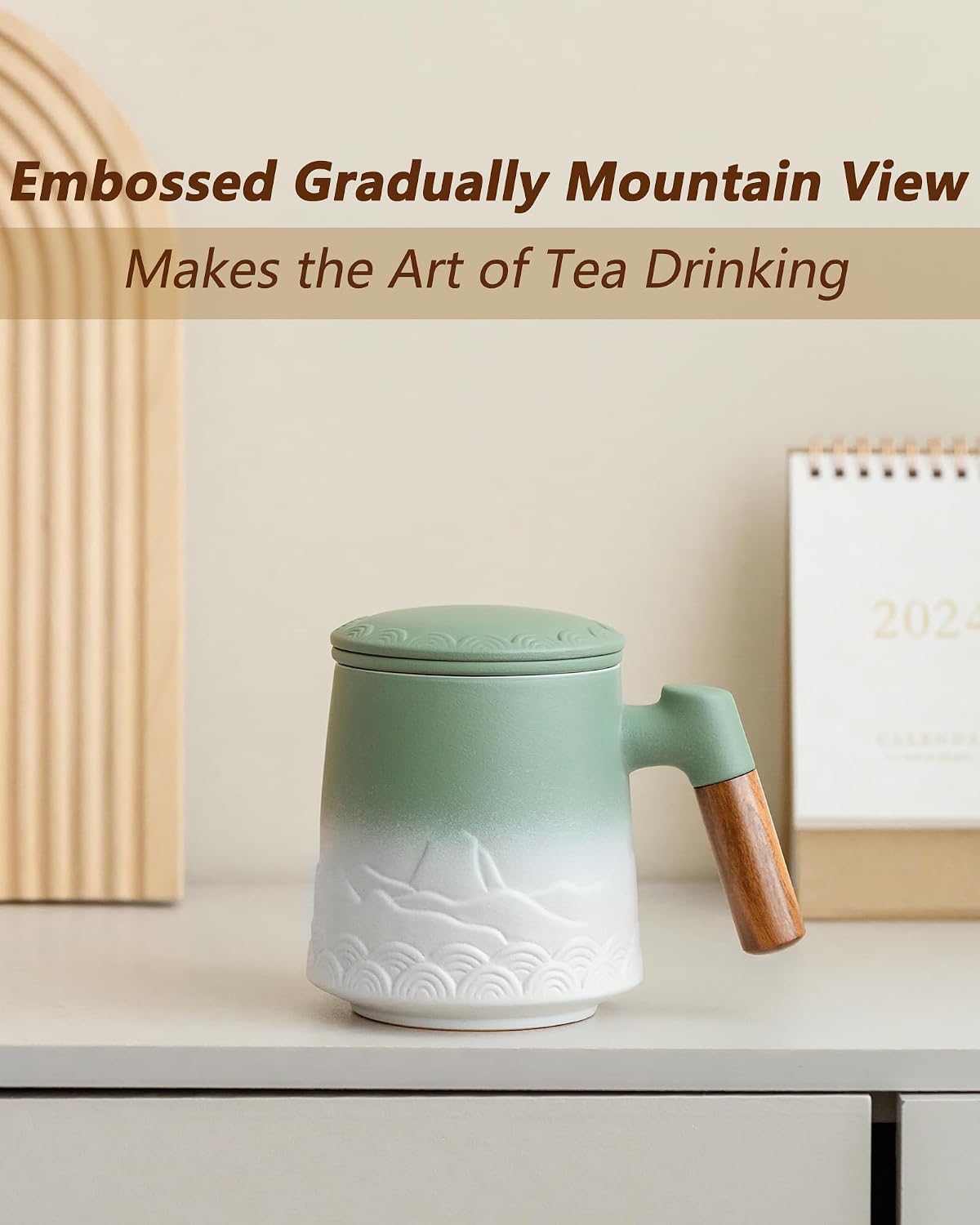 ZENS Tea Mug with Infuser and Lid for Loose Leaf Tea Steeper, 16.9oz Moss | Embossed Ceramic Tea Cup with Infuser for Herbal Tea Difussers, Tea Lovers Gifts, Nature Wood Handle