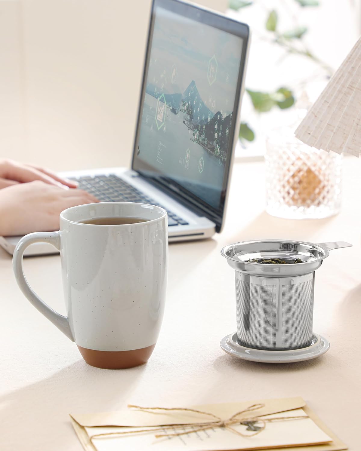 MALACASA Ceramic Tea Mug with Lid and Stainless Steel Infuser, 18 oz Large Tea Cup for Loose Leaf Tea, Heat-Resistant, Microwave & Dishwasher Safe, Speckled Glaze Coffee & Tea Brewer Mug, Khaki Brown