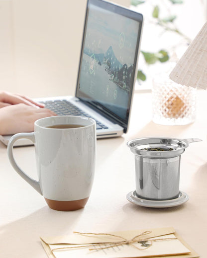MALACASA Ceramic Tea Mug with Lid and Stainless Steel Infuser, 18 oz Large Tea Cup for Loose Leaf Tea, Heat-Resistant, Microwave & Dishwasher Safe, Speckled Glaze Coffee & Tea Brewer Mug, Khaki Brown