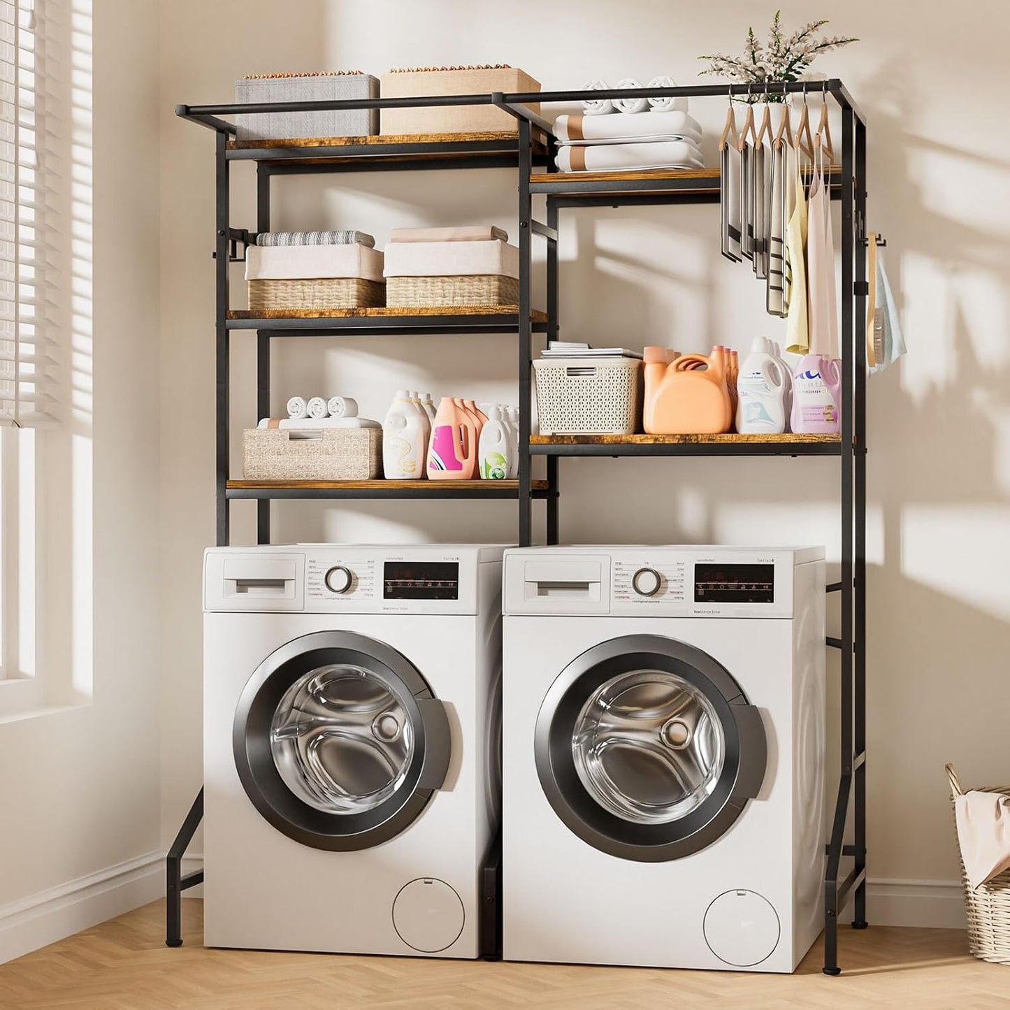 Homde Over The Washer and Dryer Storage Shelf: 5-Tier Heavy Duty | Laundry Room Organizer Standing Shelf with Hanger Rod & Anti-Tip - Space Saving Rust Proof Shelving for Bathroom Balcony
