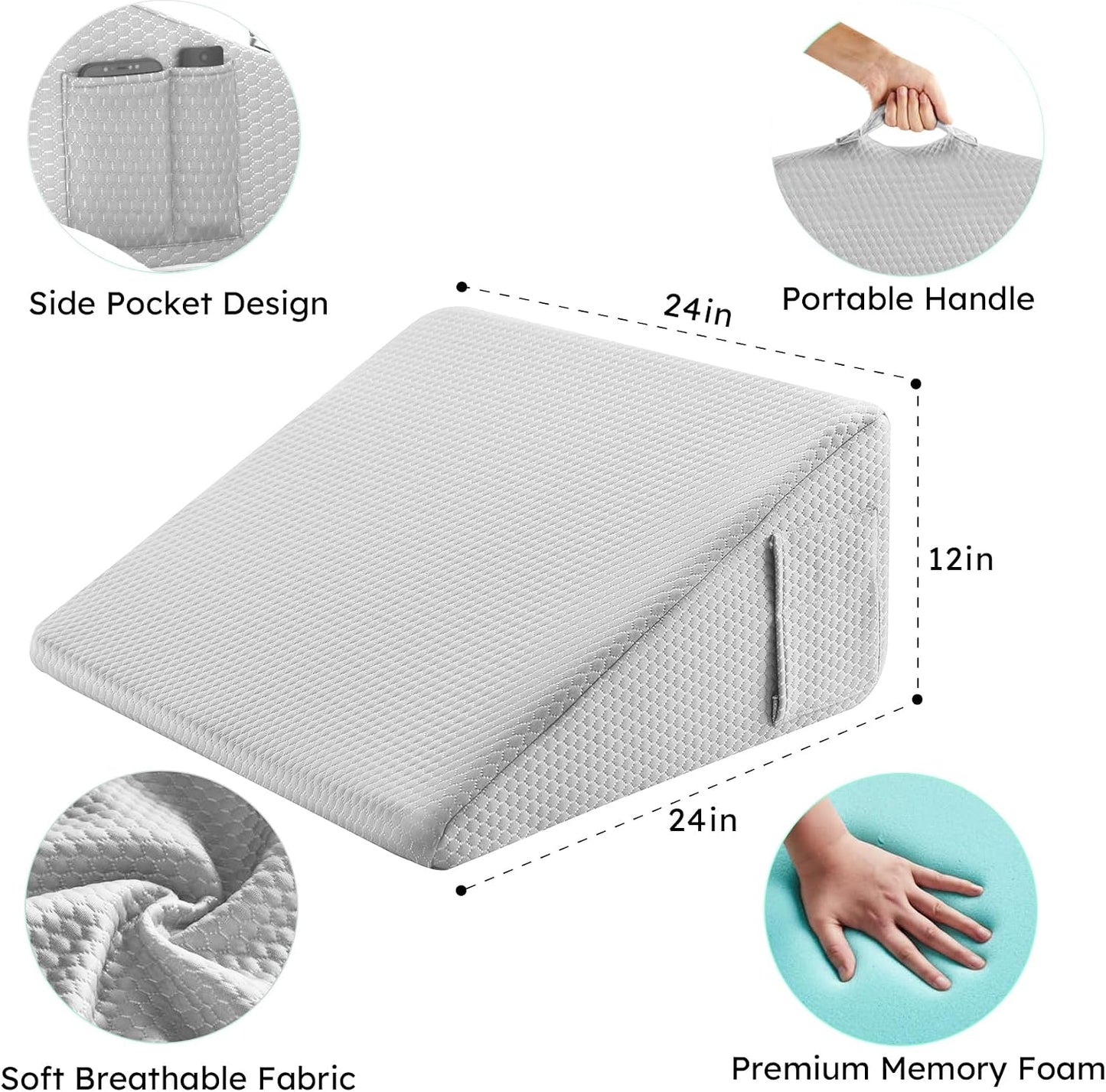 Bedluxe Wedge Pillow, 10 inch Bed Wedge Pillow for Headboard, Pillow Wedge for Acid Reflux Relief, Sleeping, Back Pain Relief, Snoring, Triangle Pillow Wedge, White/Grey