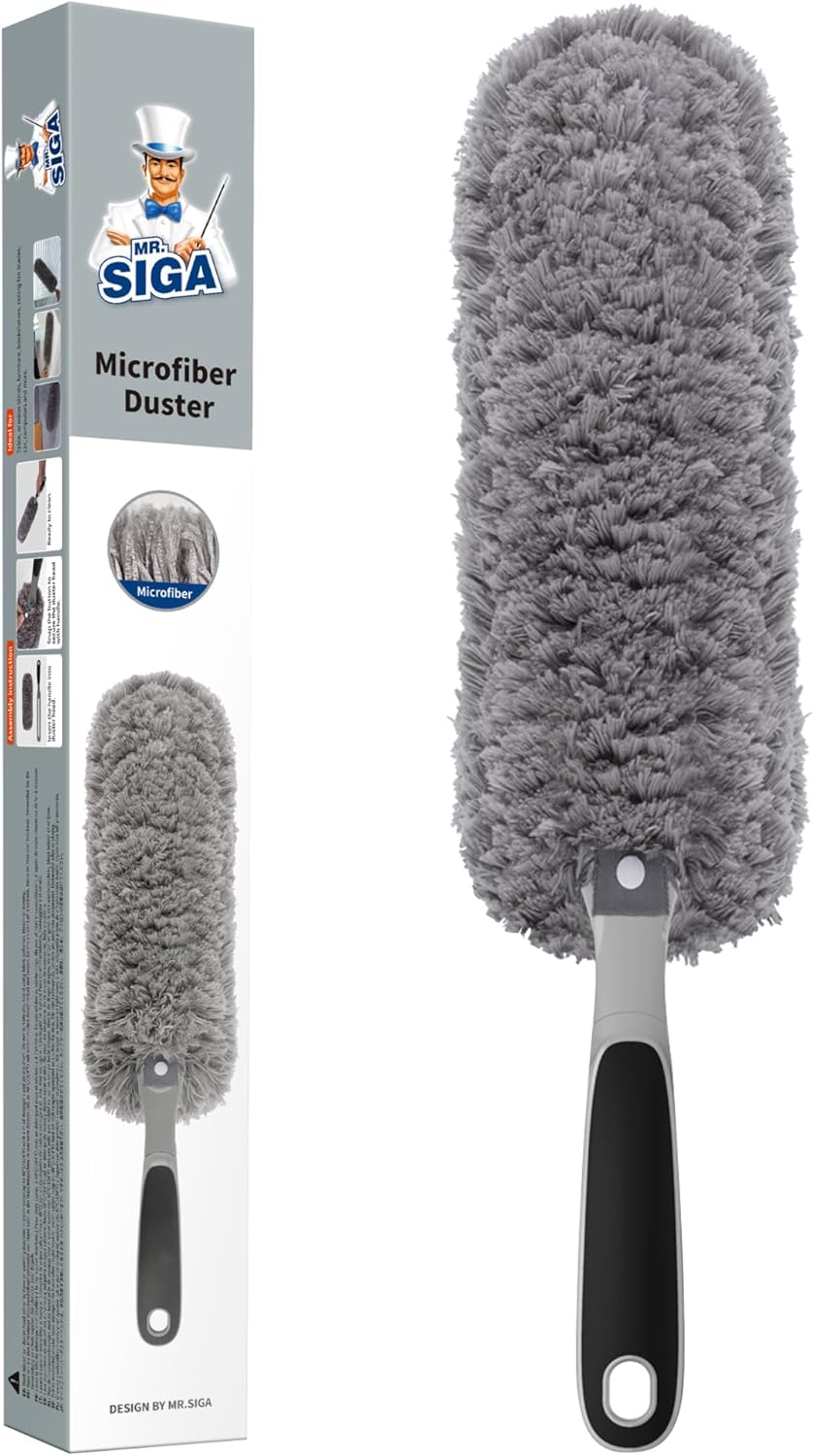 MR.SIGA Lint Free Microfiber Duster, Washable Duster for Household Cleaning | Microfibre hand duster, machine washable feather duster, dusters for cleaning, non slip handle, replaceable head