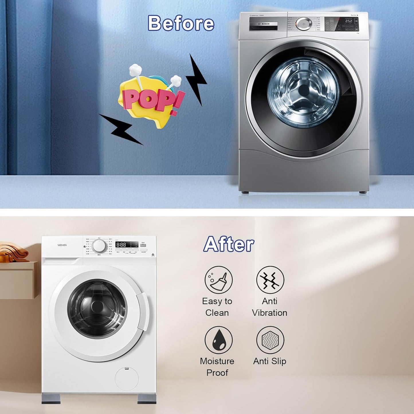 4Pcs Anti Vibration Pads for Washing Machine, Reduce Washer Dryer Moving | Washer and Dryer Pedestals,Prevents Noise Vibration Transfer, Antivibration Stabilizer Support Feet (Increase1.8in)