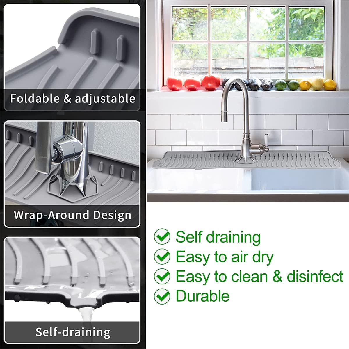 Kitchen Faucet Sink Splash Guard, 24" x 5.6'' Upgrade Silicone Faucet Water Catcher Mat, Sink Draining Pad Behind Faucet, Rubber Drying Mat for Countertop, Bathroom, Farmhouse, RV (Black)
