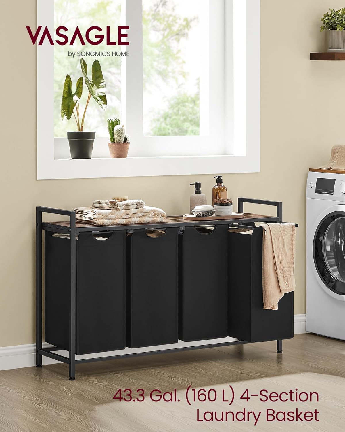 VASAGLE Laundry Hamper, Laundry Basket Sorter with 3 Pull-Out and Removable Bags, Shelf, Metal Frame, 3 x 10.6 Gallons (40 L), 36.4 x 13 x 28.4 Inches, Cappuccino Beige and Natural Beige UBLH301LH01