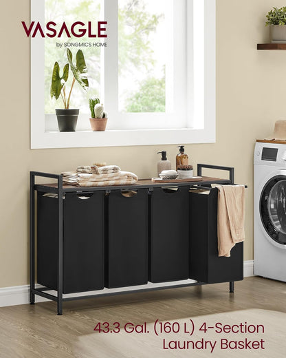 VASAGLE Laundry Hamper, Laundry Basket Sorter with 3 Pull-Out and Removable Bags, Shelf, Metal Frame, 3 x 10.6 Gallons (40 L), 36.4 x 13 x 28.4 Inches, Cappuccino Beige and Natural Beige UBLH301LH01