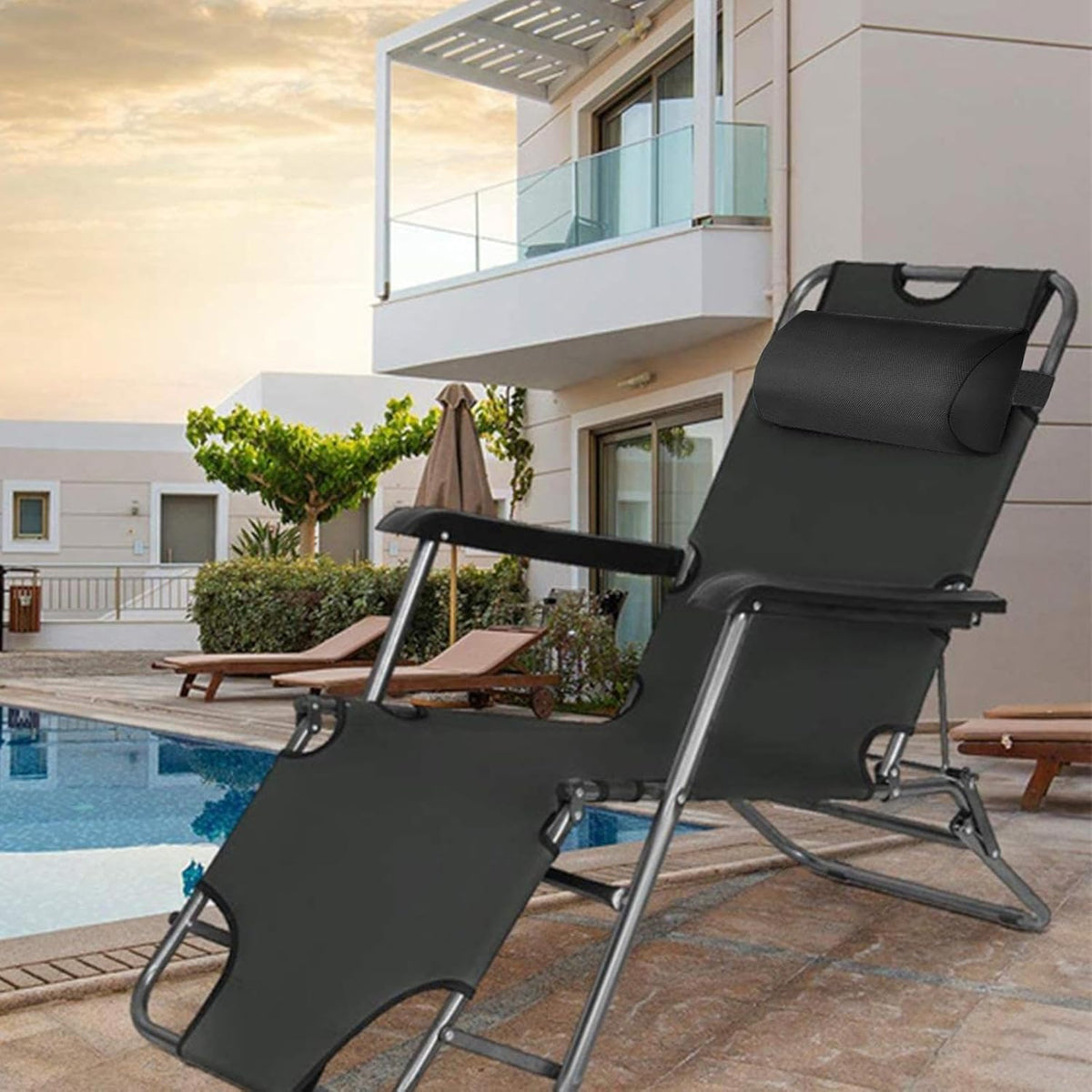Chaise Lounge Neck Support Pillow with Adjustable Strap,Ergonomic Headrest Pillow Portable Bolster Cushion for Patio Backyard Beach Pool Garden Recliner (Black)