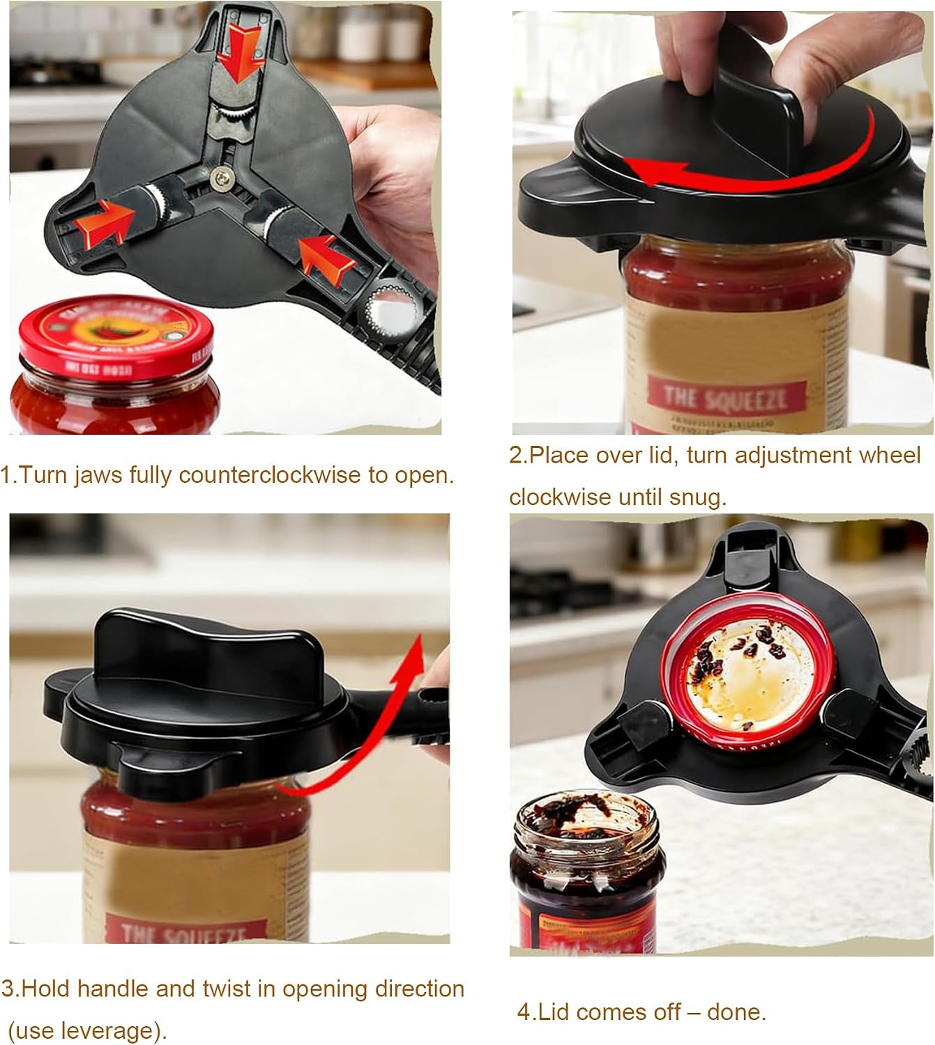 4-in-1 Jar Opener for Weak Hands, Adjustable Lid & Bottle Opener Black | Ergonomic non-slip grip for arthritis hands, opens jars bottles cans, adjustable multi-size lid remover, durable kitchen tool