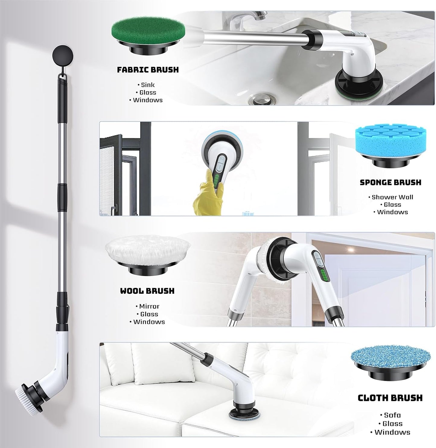 Electric Spin Scrubber, 2-Speed Cleaning Brush, Extendable Handle (White) | Includes 7 reusable brush heads and an IPX7-rated design for cleaning bathrooms, showers, kitchens, tile, floors, and grout