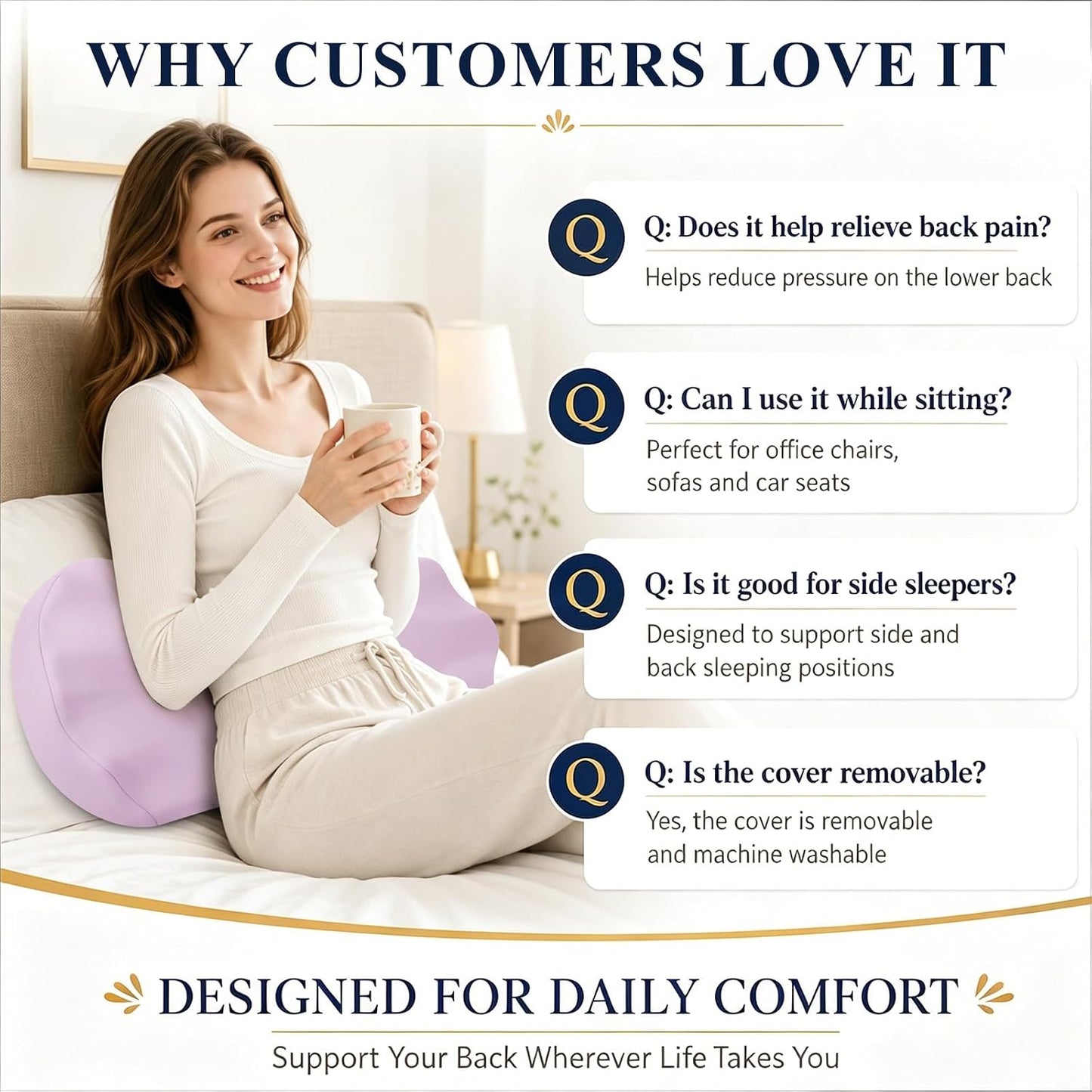 Fledano Lumbar Support Pillow for Bed – Memory Foam Lower Back Pain Relief Pillow for Sleeping, Ergonomic Lumbar Pillow for Side & Back Sleepers, Sciatica & Hip Pain Relief, Washable Cooling Cover