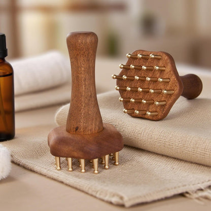 24-Teeth Copper Copper Head Massage Comb for Body and Scalp, Brass Body Massage Brush Rosewood Handle Body Massage for Abdomen Legs Back – Portable Chinese SPA GuaSha Tool