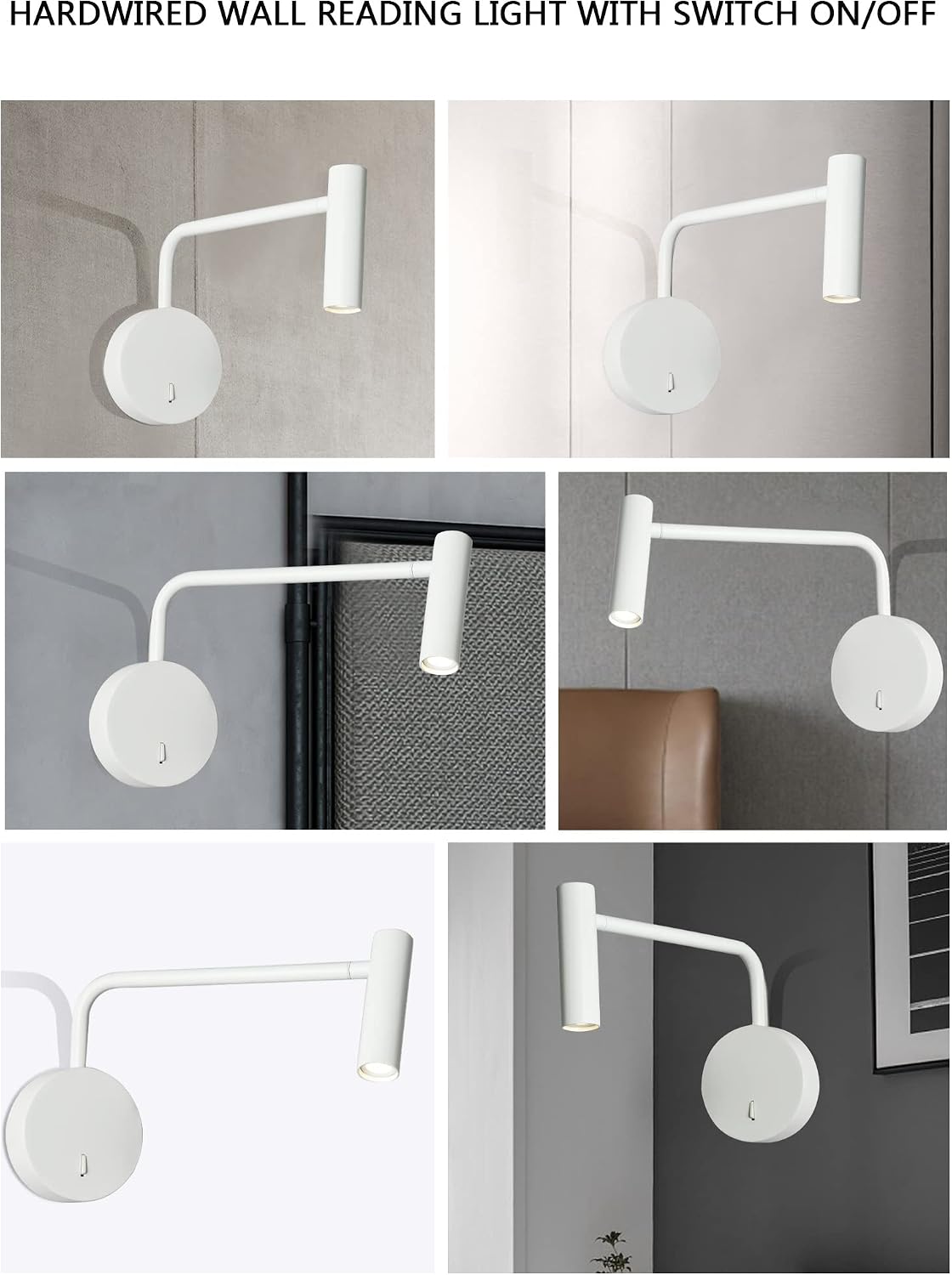 ZEROUNO Wall Mounted Reading Light for Bedroom LED Hardwired Sconce with Switch on/Off Modern 3000K Swing Arm Bedside Wall Mount Lamp (Black)