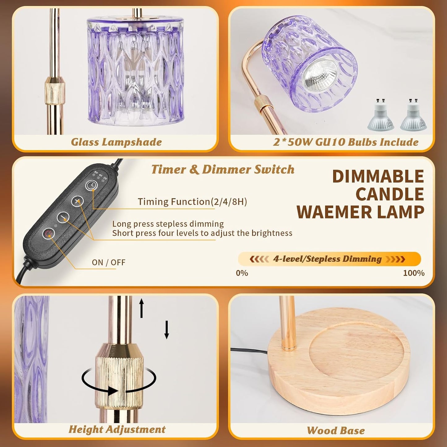 HAIDOLIANG Blue Candle Warmer Lamp with Timer and Dimmer | Height and Brightness Adjustable,Glass Electric Wax Warmer with 2 Bulbs for Women Gifts, Home Decor for Scented Jar Candles