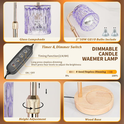 HAIDOLIANG Blue Candle Warmer Lamp with Timer and Dimmer | Height and Brightness Adjustable,Glass Electric Wax Warmer with 2 Bulbs for Women Gifts, Home Decor for Scented Jar Candles