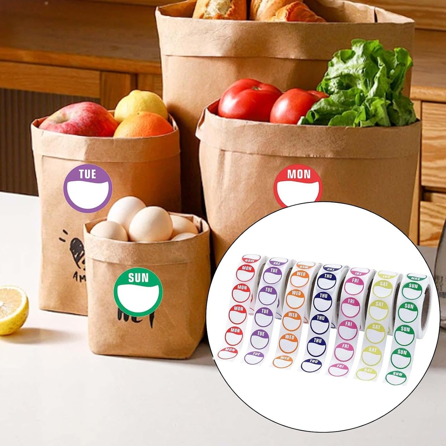 Day of the Week Stickers, 2cm (0.8 inch) Removable Date Dot Labels, 7 Rolls 3500 Pcs for Kitchen Freezer Food Breastmilk