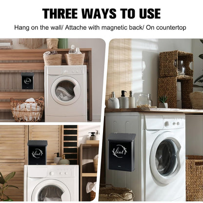 Magnetic Lint Bin for Laundry Room, Metal Lint Trash Can with Lid for Dryer, Wall Mounted Lint Holder Box with Lint Brush, Modern Farmhouse Laundry Room Decor, Cream