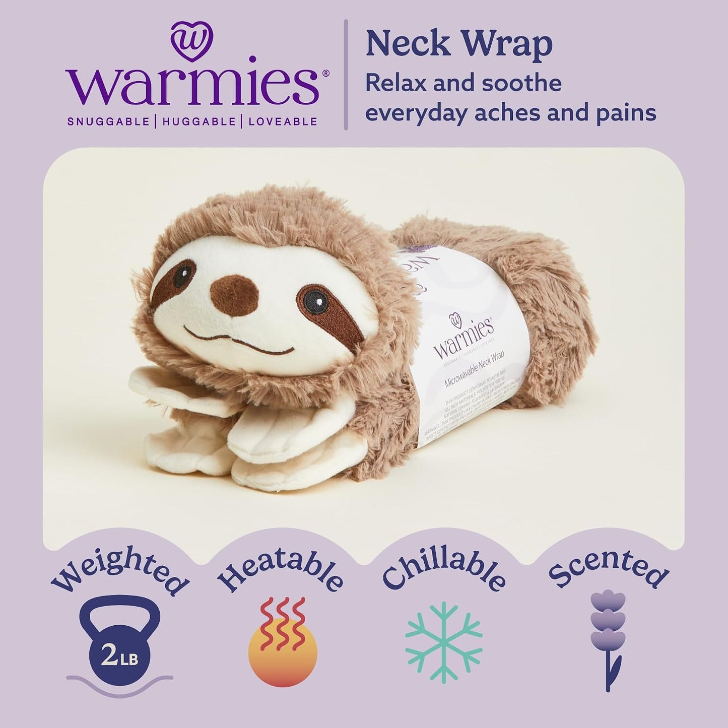 Intelex Warmies Microwavable French Lavender Scented Plush, Sloth Wrap | Neck Heating Pad, Stays Warm for Hours, Heats in 30 Secs, Chills 2-3 Hrs, Weighted, Scented with Calming French Lavender