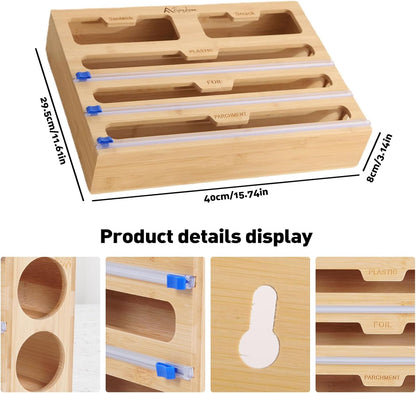 APSARAS USA 5 in 1 Bamboo Foil and Plastic Wrap Organizer for Kitchen Drawer, Ziplock Bag Organizer, Saran Wrap Dispenser with Cutter, Plastic Bag Organizer, Food Storage Bag Organization
