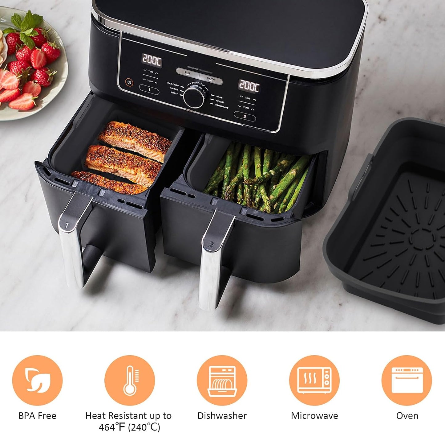 2Pcs Air Fryer Silicone Liners with Magnetic Cheat Sheet, 8-10 QT, Grey | 2 Pack, Reusable, Replacement Basket Bowl, Collapsible Baking Tray, Air Fryer Accessories