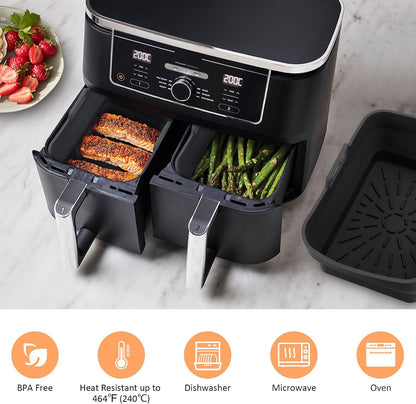 2Pcs Air Fryer Silicone Liners with Magnetic Cheat Sheet, 8-10 QT, Grey | 2 Pack, Reusable, Replacement Basket Bowl, Collapsible Baking Tray, Air Fryer Accessories