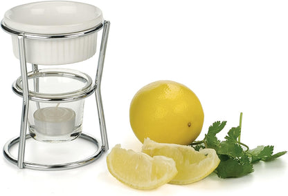 RSVP International Kitchen Collection Butter Warmer Set, Includes Stoneware Cups, Glass Tealight Holder, Candles and 5-Inch Tall Chrome Wire Frames, 1/3-Cup Capacity, White