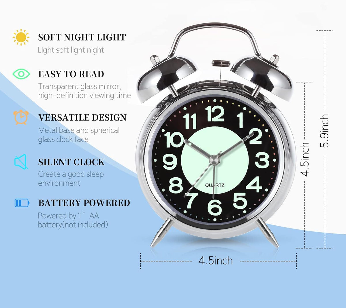 Super Loud Alarm Clock For heavy sleepers,4 inches Twin Bell Alarm Clock with Backlight,Battery Operated,Silent Non Ticking,For Kids,Adults,Bedrooms,Retro decor Desk Analog Clocks.. (Noctilucent)