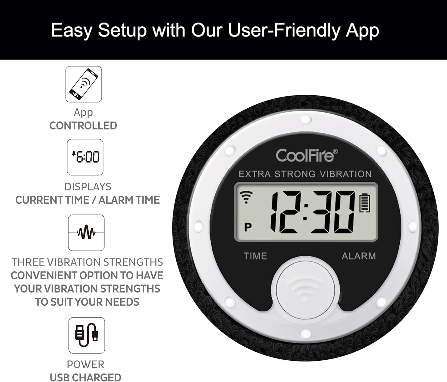 Coolfire - Vibrating Alarm Clock Sweatband, Silent Wake Yourself Up Wristband Vibrating Alarm Watch for Couples, Students, Easy to Set on User-Friendly App, Hearing Impaired, USB Chargeable