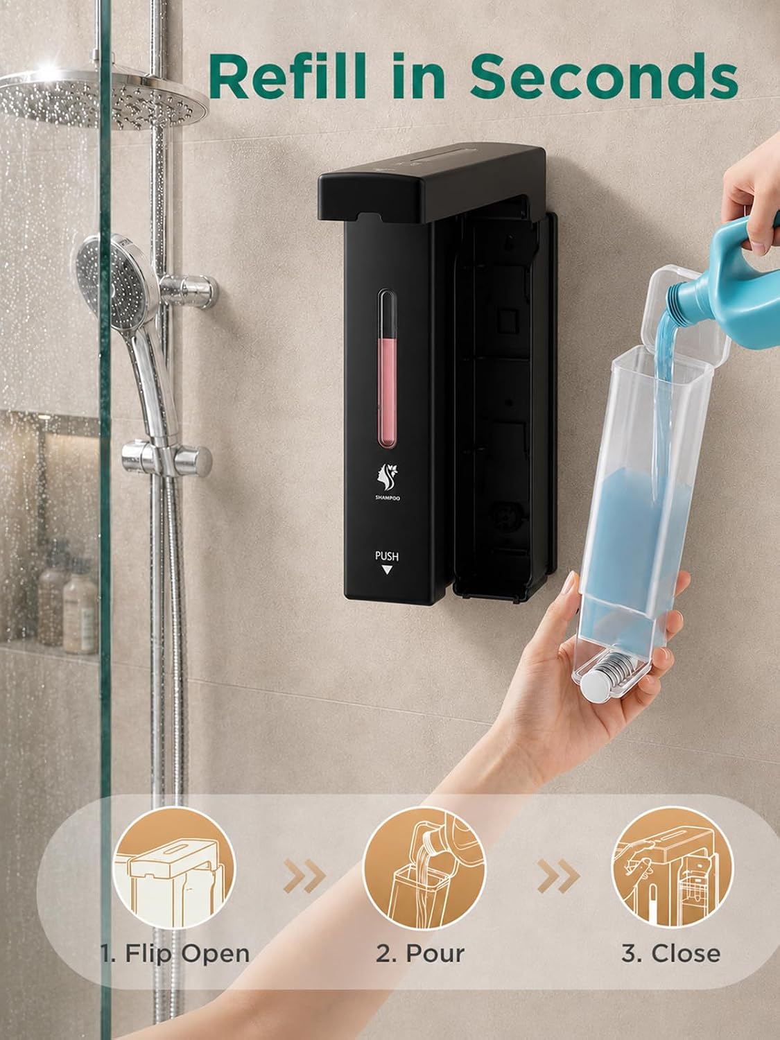 Shampoo and Conditioner Dispenser Wall Mounted, 3-Chamber Shower Soap Dispenser for Bathroom, 1200ML Large Capacity, No-Drill Installation, Clog-Free Pump for Thick Liquids (black-3-pack)
