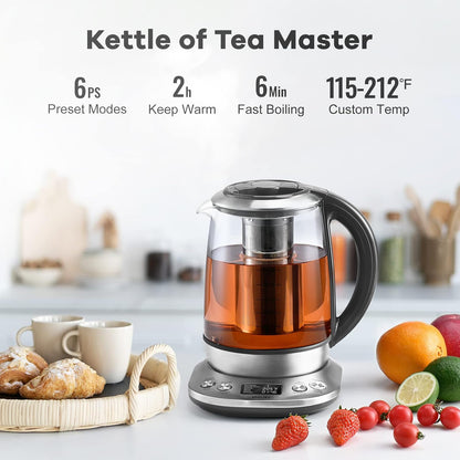 Mecity Electric Tea Kettle Borosilicate Glass Tea Maker With Temperature Control and Infuser - LCD Display and Preset Brewing Programs - 1.7 Liter Water Boiler