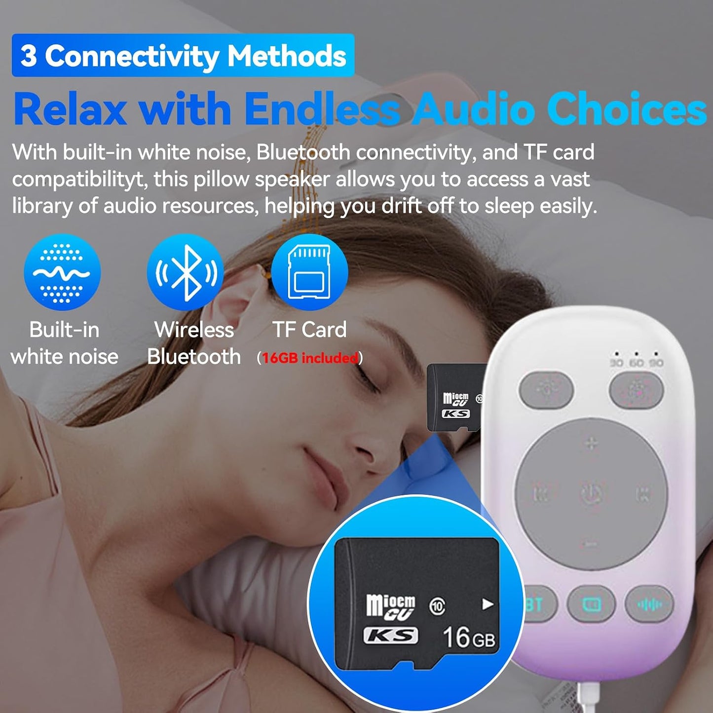 Pillow Speaker for Sleeping w/Remote - Without TF Card, White | Bone Conduction Speaker, 36 Built-in White Noise, Flat Thin Wireless Speaker under Pillow for Side Sleepers, Dusker Sleep Bar